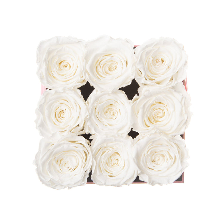 White roses arranged in a square pattern inside a box on a white background