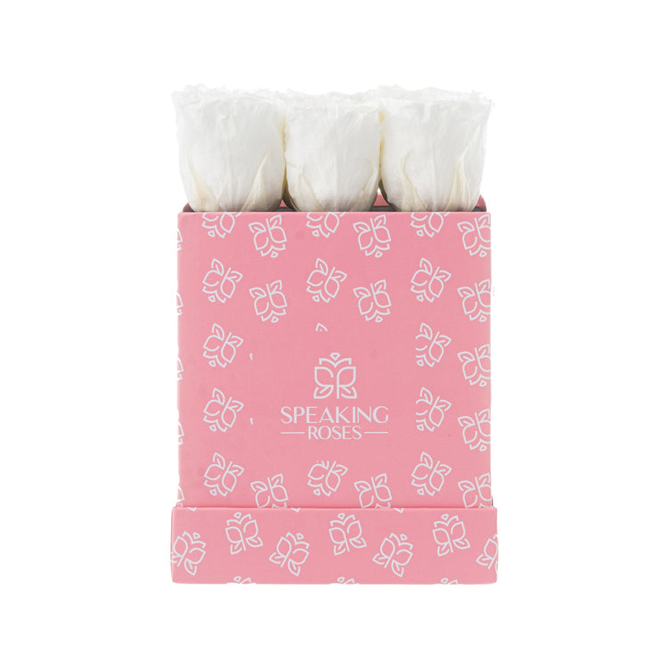 Pink box with white roses and 'Speaking Roses' branding on a white background