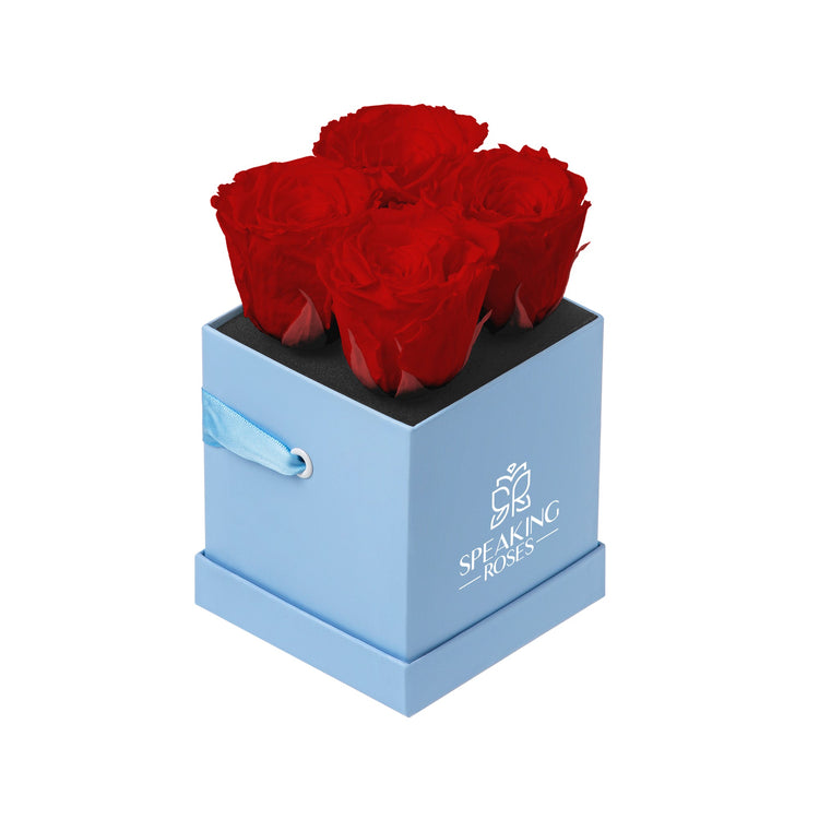 Three red roses in a blue box with 'Speaking Roses' branding on a white background