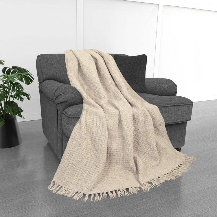 Kathy Ireland Oversized Chenille Fringed Basket Throw 50” X 70” - Stone