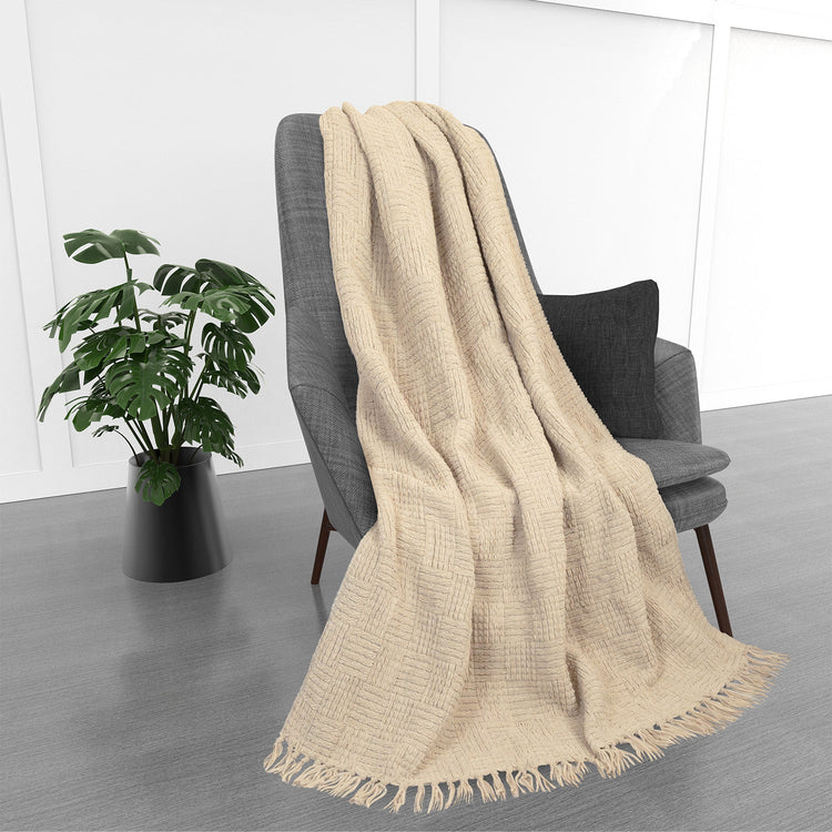 Kathy Ireland Oversized Chenille Fringed Basket Throw 50” X 70” - Stone