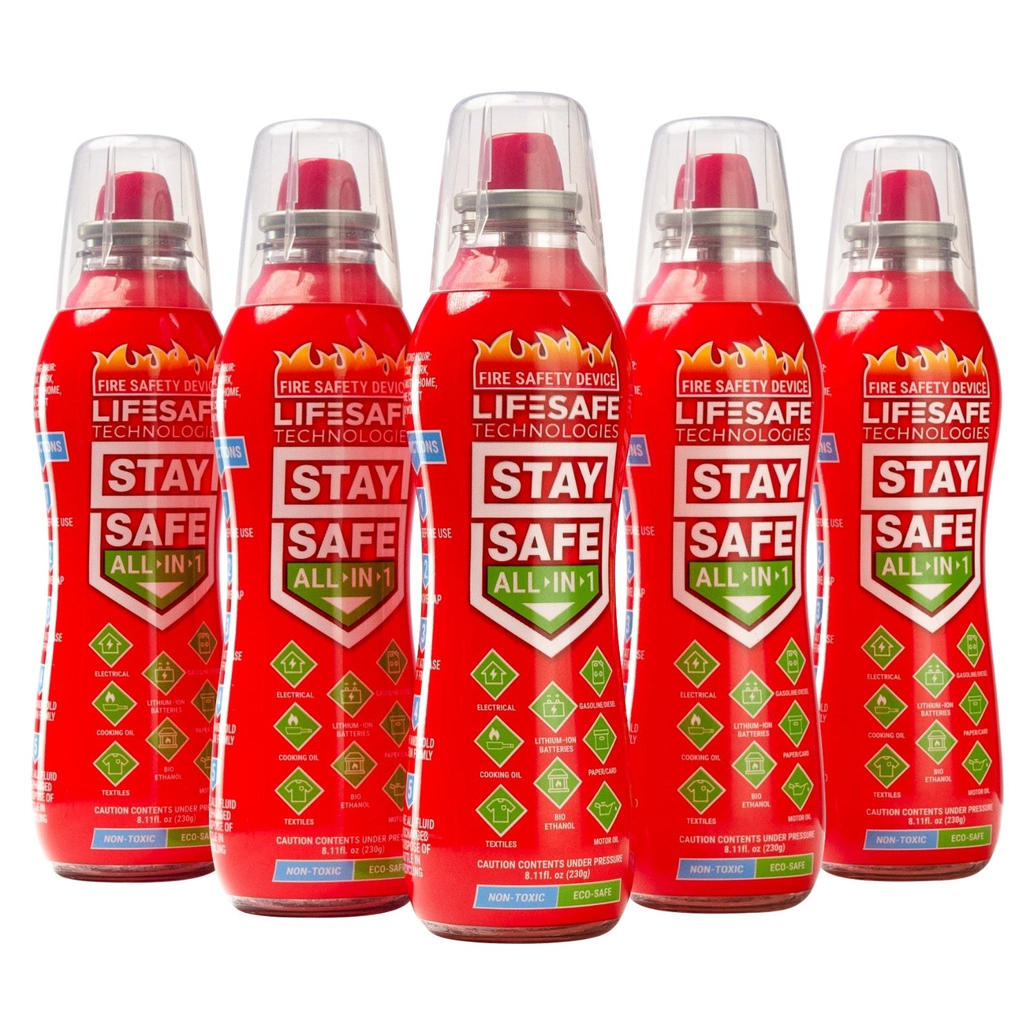 A set of five StaySafe All-in-1 Fire Safety Device bottles, colored red with green and white text and graphics, designed for fire extinguishing purposes.