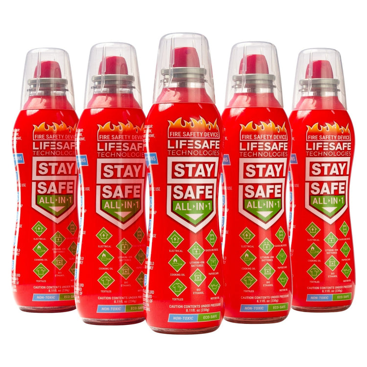 A set of five StaySafe All-in-1 Fire Safety Device bottles, colored red with green and white text and graphics, designed for fire extinguishing purposes.