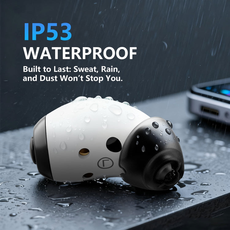 Waterproof device on a wet surface with raindrops and text highlighting IP53 rating.