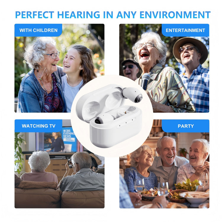 Hearing aid advertisement with scenarios for use, including children, entertainment, watching TV, and party settings.