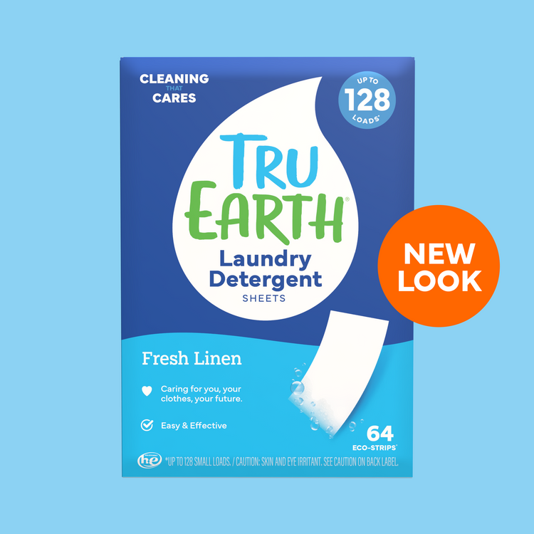 Tru Earth laundry detergent sheets packaging on a blue background