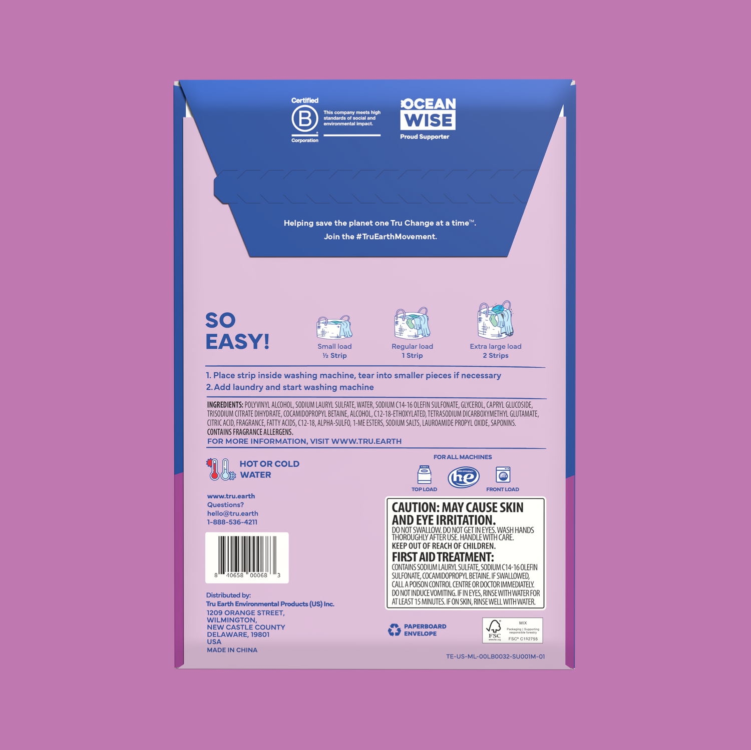 Back of a laundry detergent packaging with 'Ocean Wise' label on a purple background