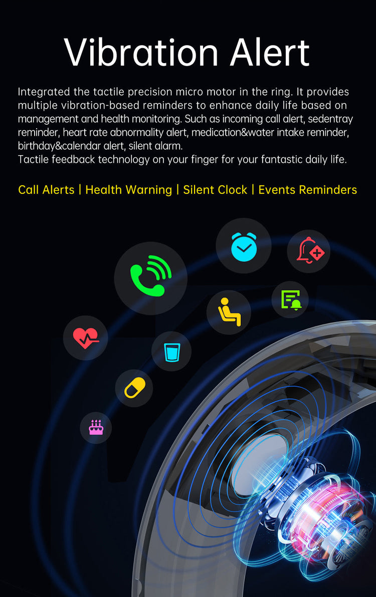 Vibration alert device with icons and text on a dark background