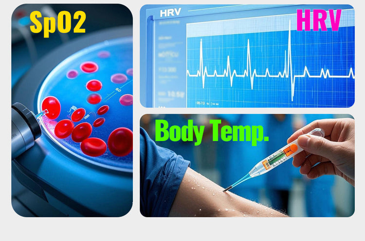 Collage of health monitoring devices including SpO2, HRV, and body temperature measurement.