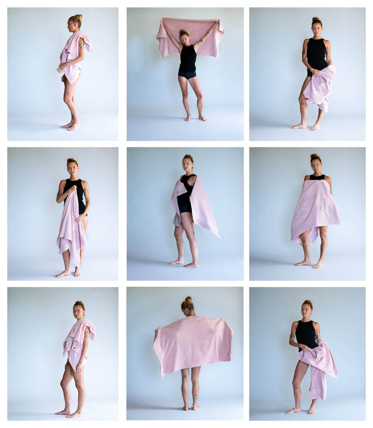 Grid of images showing a person using a pink towel in various poses against a light blue background