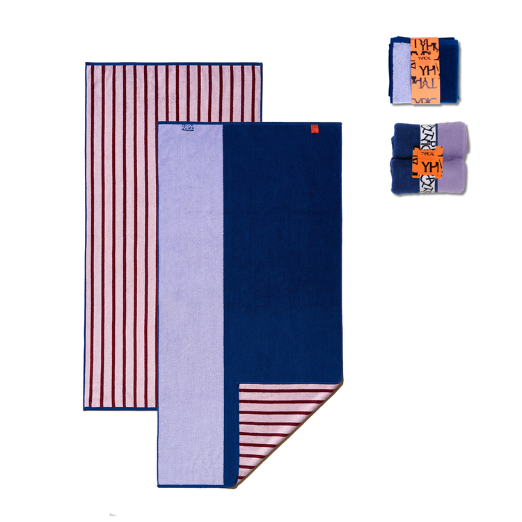 Set of beach towels with different patterns on a white background