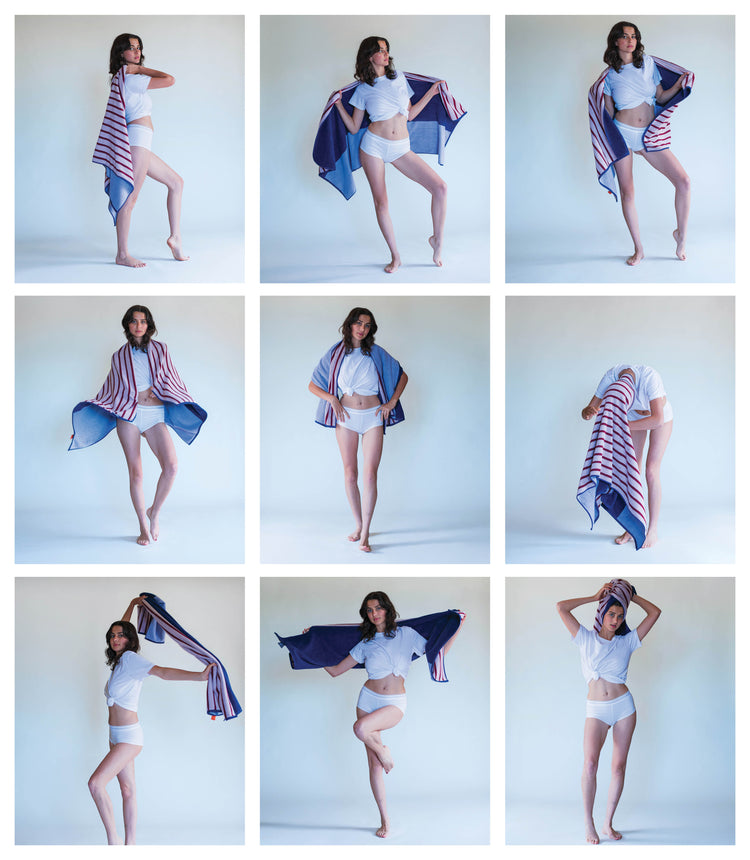 Grid of images showing a person wearing a white shirt and denim shorts with a colorful scarf.