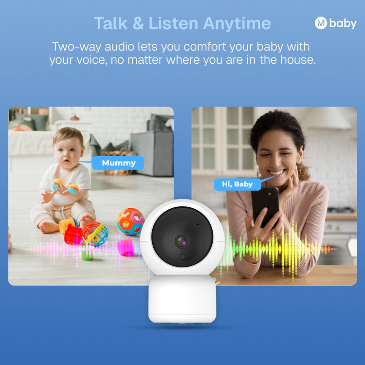 Baby monitor with two-way audio feature showing a baby and a woman on a screen.
