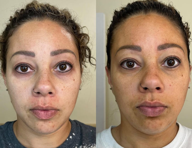 Side-by-side comparison of a woman's face before and after makeup application.