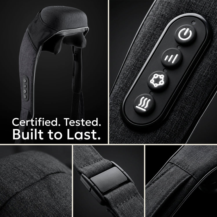 Collage of a black neck massager with control panel and certification text on a dark background