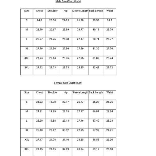 Size chart for men and women with measurements in inches.