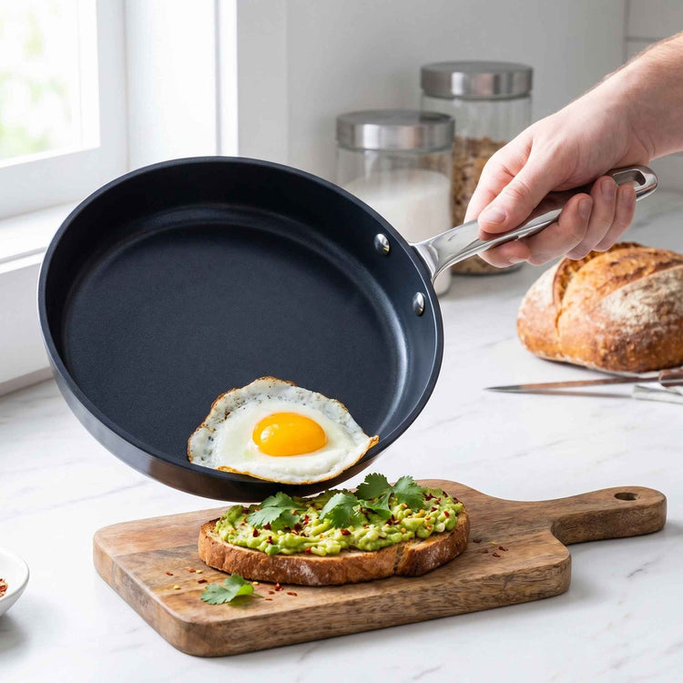 Person placing a fried egg onto avocado toast using a non-stick frying pan.