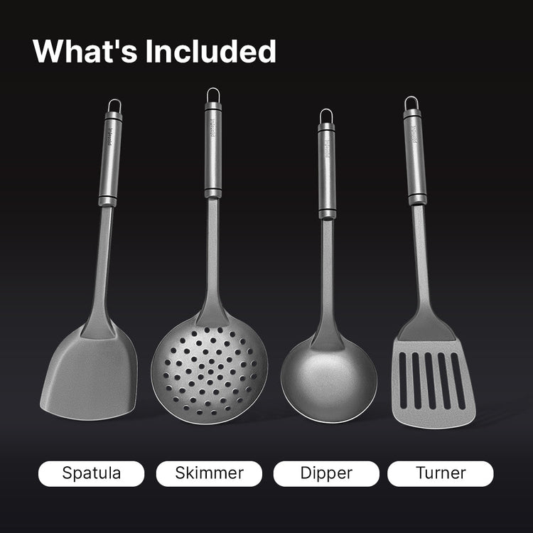 Set of four kitchen utensils labeled Spatula, Skimmer, Dipper, and Turner on a black background.