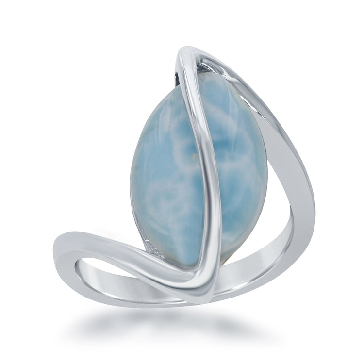 A sterling silver twisted ring with a large oval Larimar stone set in the center, with a rhodium plating.