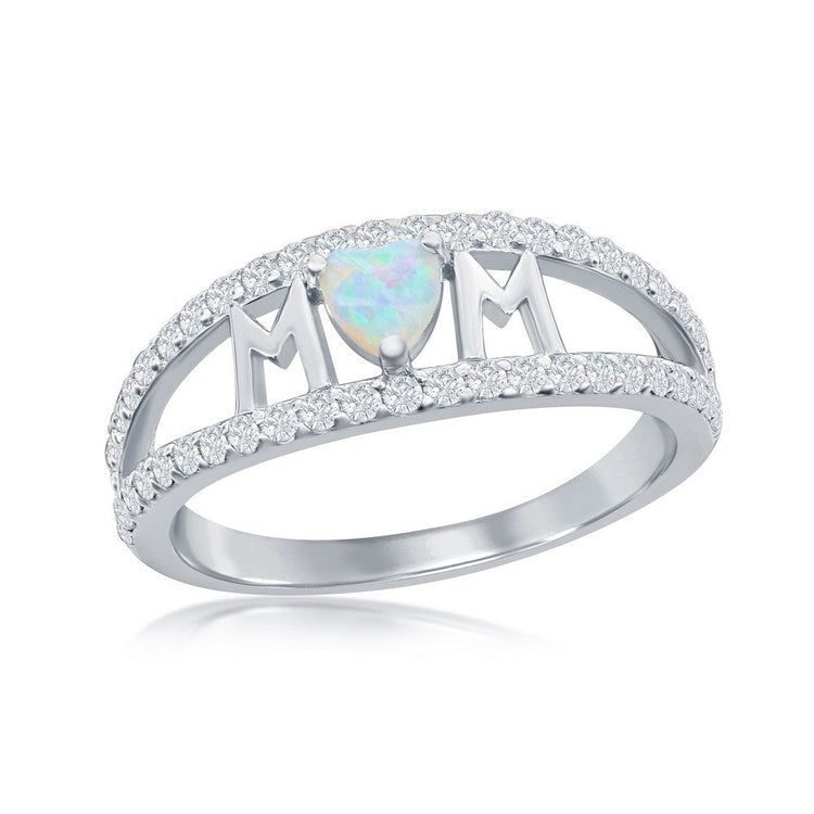 Silver ring with heart-shaped opal gem and 'MOM' letters on a white background