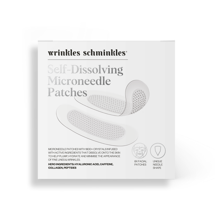Packaging for Self-Dissolving Microneedle Patches by Wrinkles Schminkles, showing the product name and brief description.