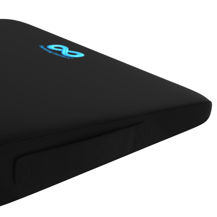 Black mouse pad with a blue logo on a white background