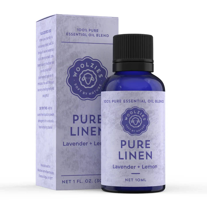 Woolzies Pure Linen essential oil bottle and packaging on a white background