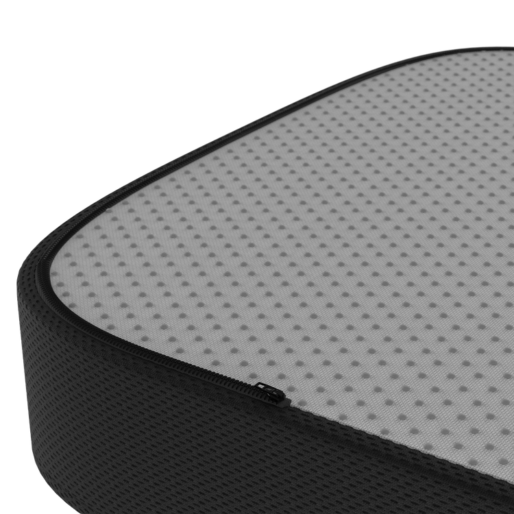 Close-up of a black and gray textured product on a white background