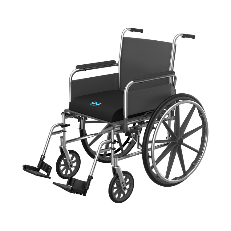 Black wheelchair with a visible logo on a white background