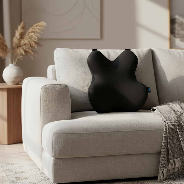 Black ergonomic pillow on a beige sofa in a living room setting