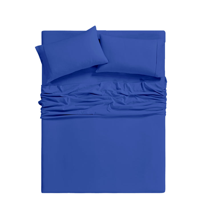 Blue bedding set with fitted sheet and two pillows on a white background