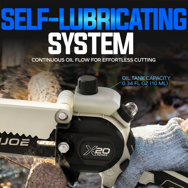 Close-up of a chainsaw with a self-lubricating system feature highlighted.