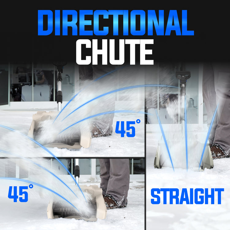Comparison of a directional chute with straight chute for snow removal, showing different angles.