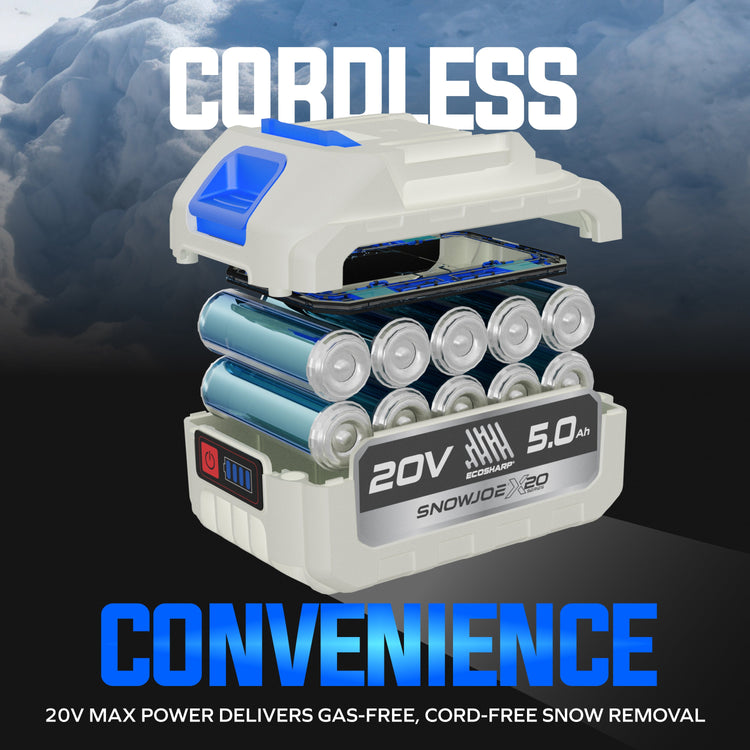Snowblower with batteries on a dark background, emphasizing cordless operation.