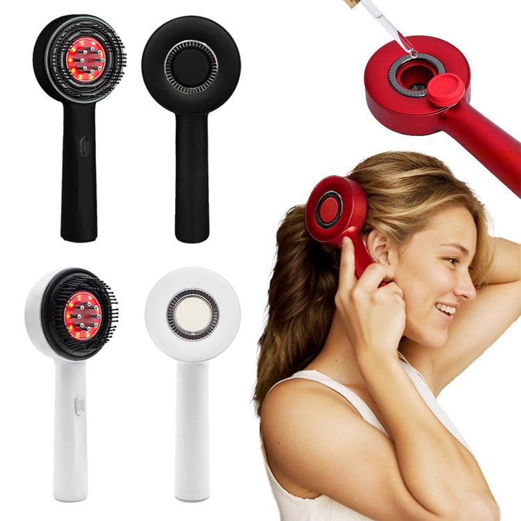 Handheld device with red light, black and white handles, and a woman using it on her ear.