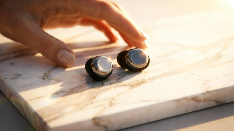 Two black wireless earbuds on a wooden surface with a hand reaching towards them.