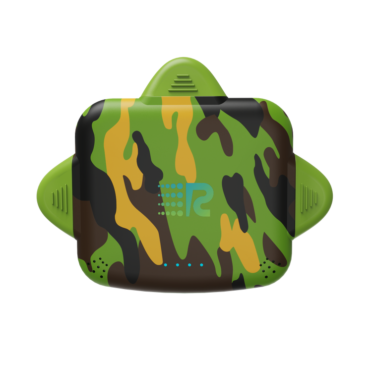 Camouflage-patterned device with a brand logo on a white background