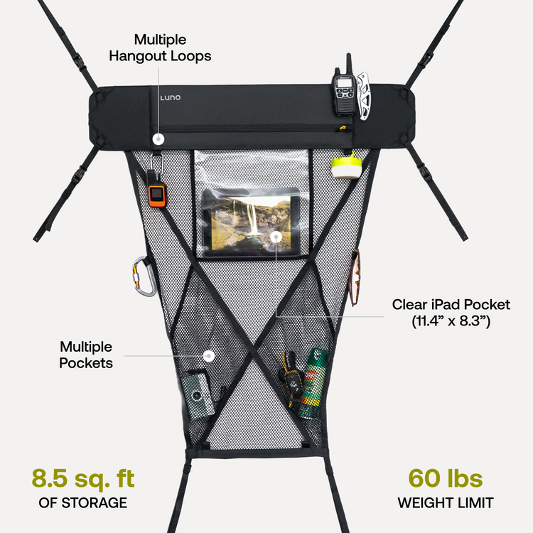 The Luno® Cargo Hammock in black serves as a versatile gear shelf for your car seatback, featuring multiple pockets, a clear iPad pocket (11.4" x 8.3"), hangout loops, and storage spaces for items such as notebooks and bottles. Perfect for your adventure mobile, it provides 8.5 sq. ft. of storage space and can support up to 60 lbs of gear.
