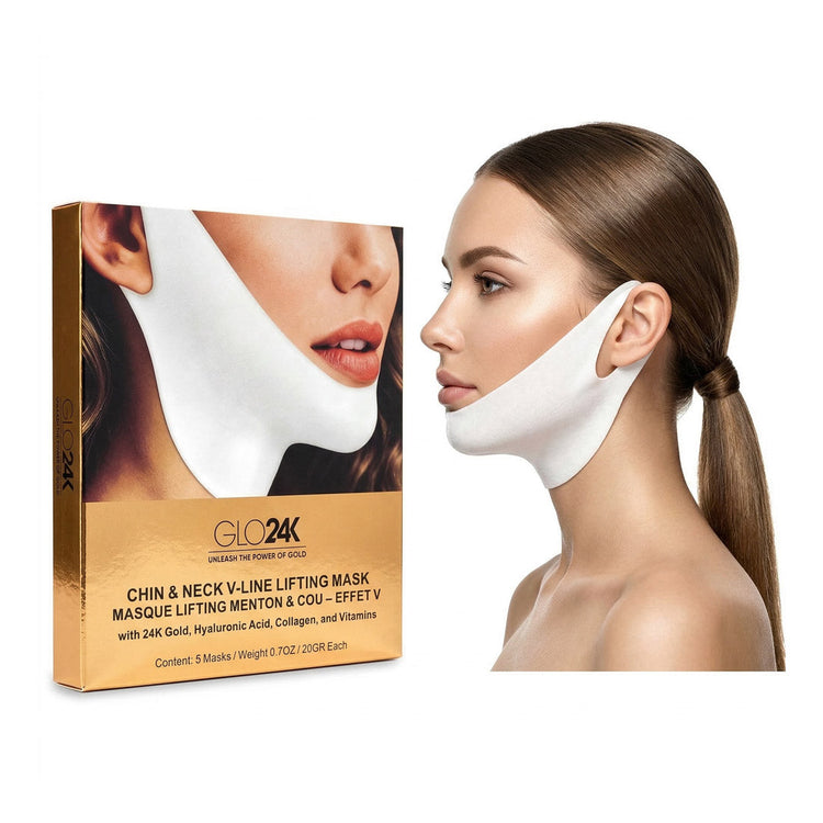 GLO24K chin and neck V-line lifting mask packaging with a model wearing the mask on a white background