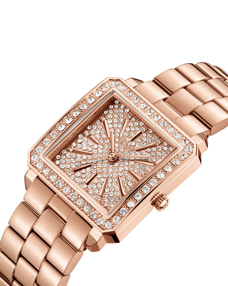 The JBW Cristal 28 | J6387-SetB is a rose gold square diamond watch with a metal link band, sparkling diamond-accented face and bezel, and sleek rose gold hour and minute hands for crystal bracelet-inspired elegance.