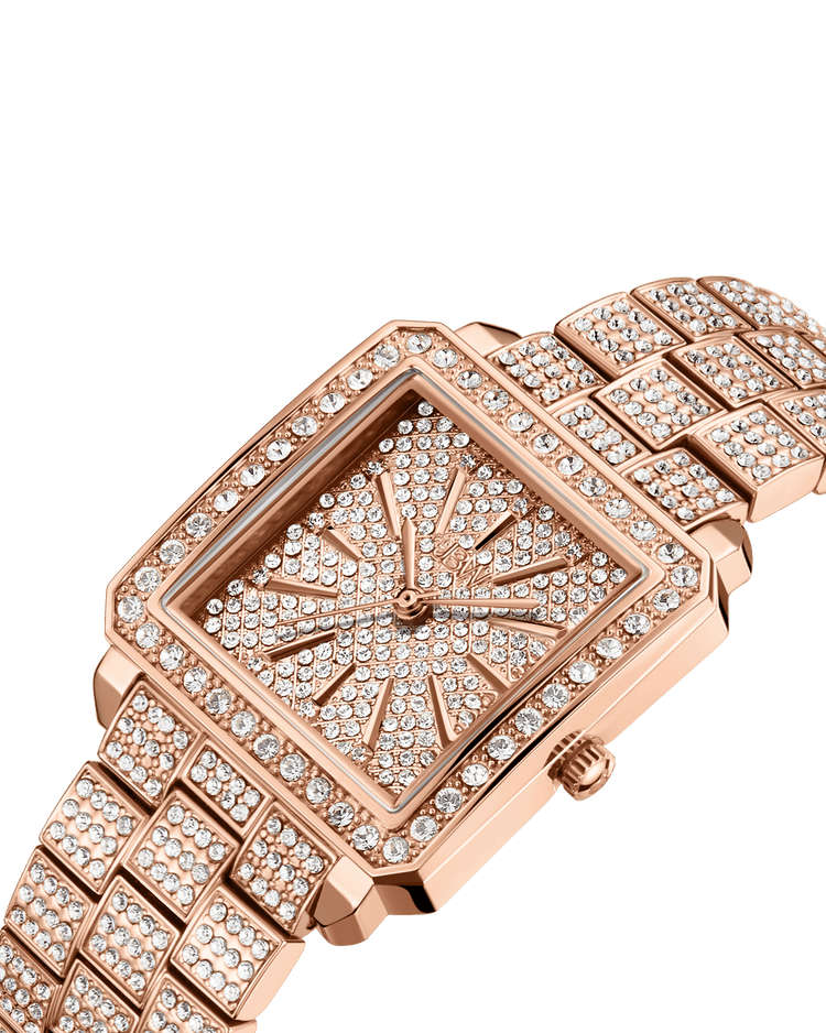 The JBW Cristal 28 | J6386B is a luxurious rose gold watch with a rectangular face and crystal-encrusted band, featuring precise Swiss movement, all set against a plain white background.