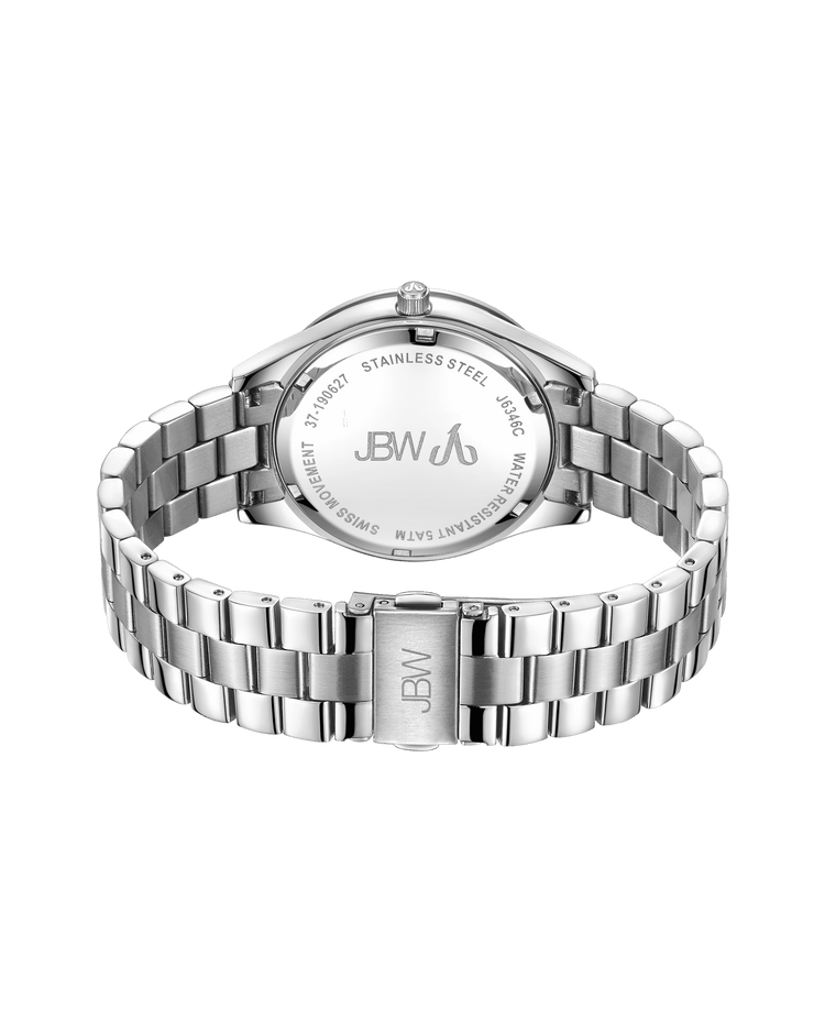 The image shows the JBW Cristal 39 (J6346C-GA, Grade A Sample Sale), a silver stainless steel wristwatch with a metal link band. The case back displays "JBW," "Stainless Steel," "Water Resistant," and Swiss movement details.