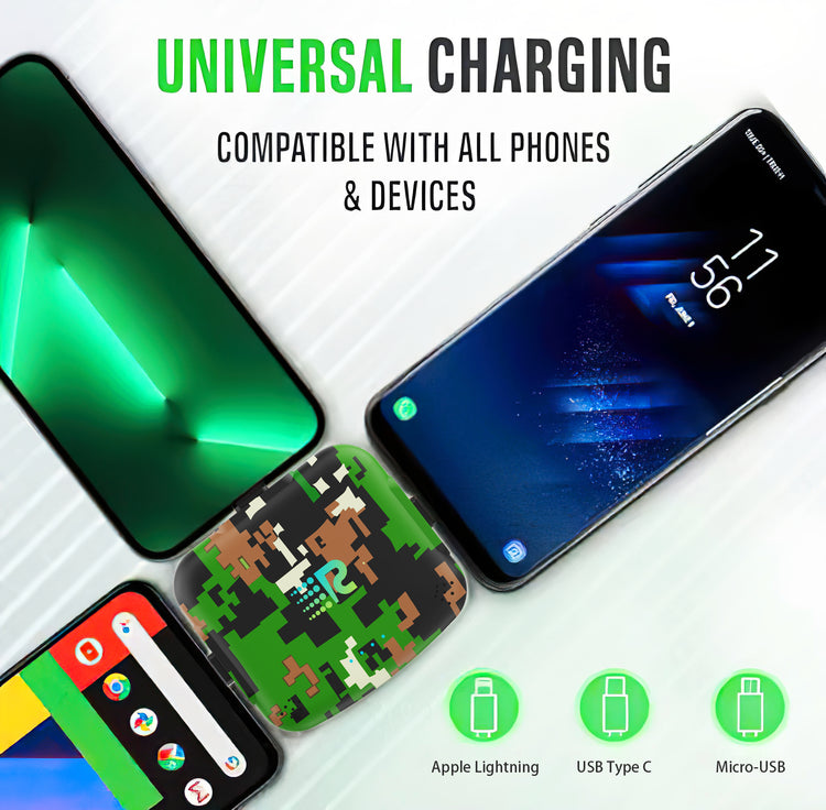 Universal charging adapter with compatibility text and icons on a white background