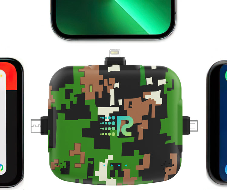 Pixelated product with a green and black color scheme on a white background