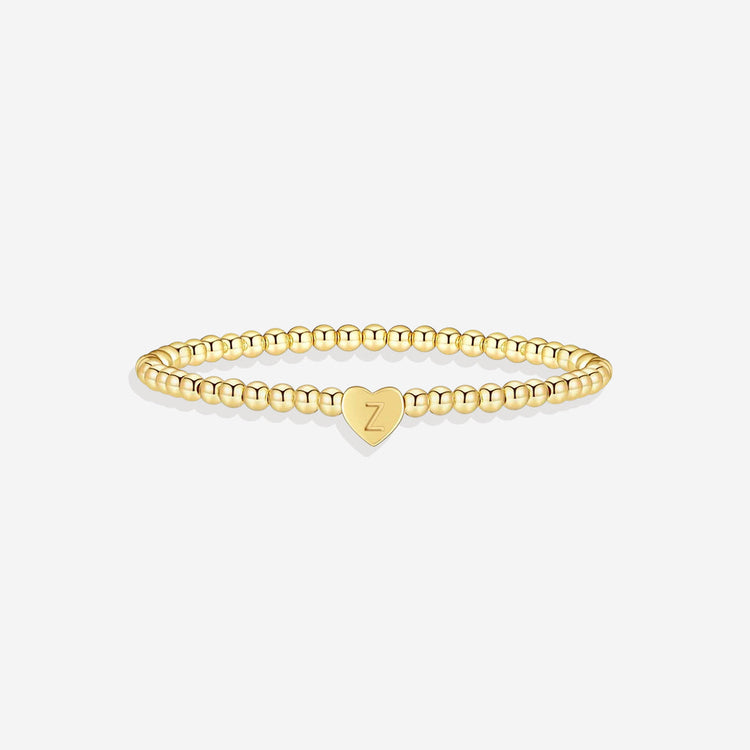 Gold Beaded Bracelet with Heart Initial (GOLD, 6.5")