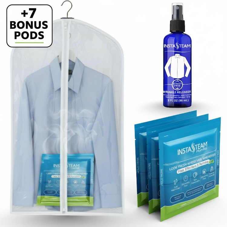 Wrinkle release kit with a shirt in a cover, spray bottle, and packets on a white background
