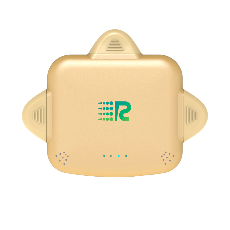 Gold electronic device with a logo on a white background