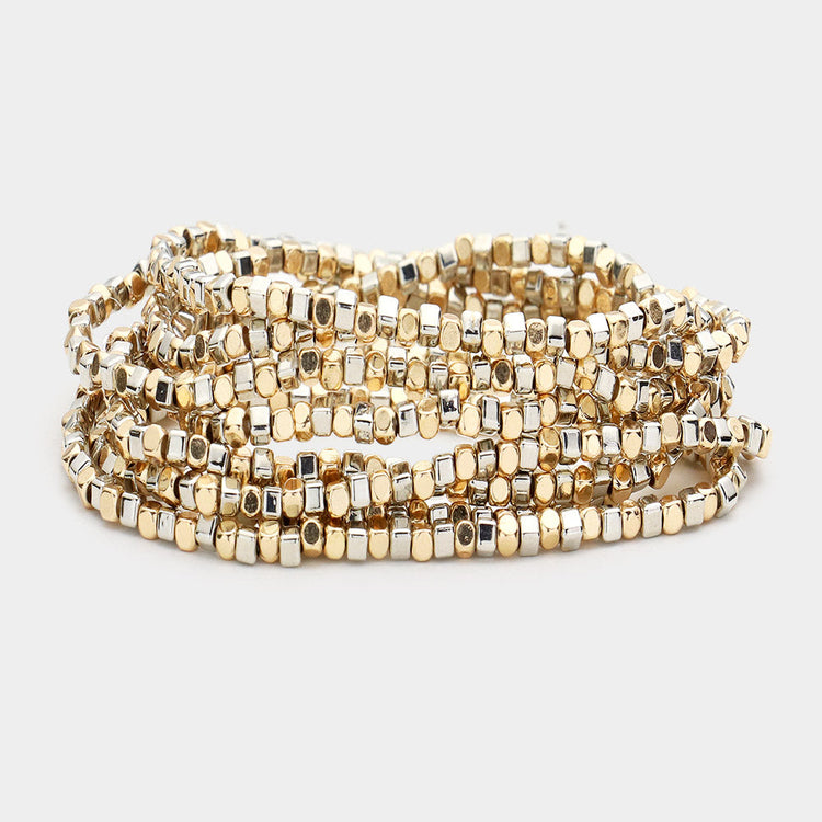 9 pc Cut Bead Stretch Bracelet- Set of 9 - GOLD/SILVER