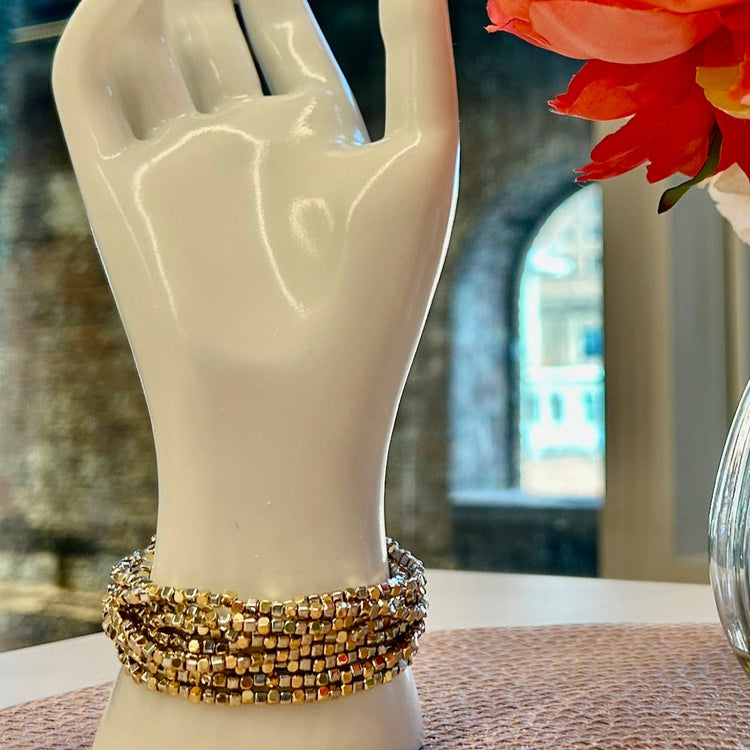 9 pc Cut Bead Stretch Bracelet- Set of 9 - GOLD/SILVER
