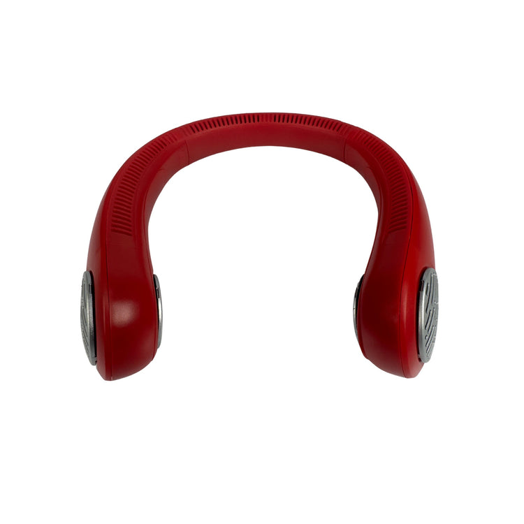 Red neckband headphones on a white background